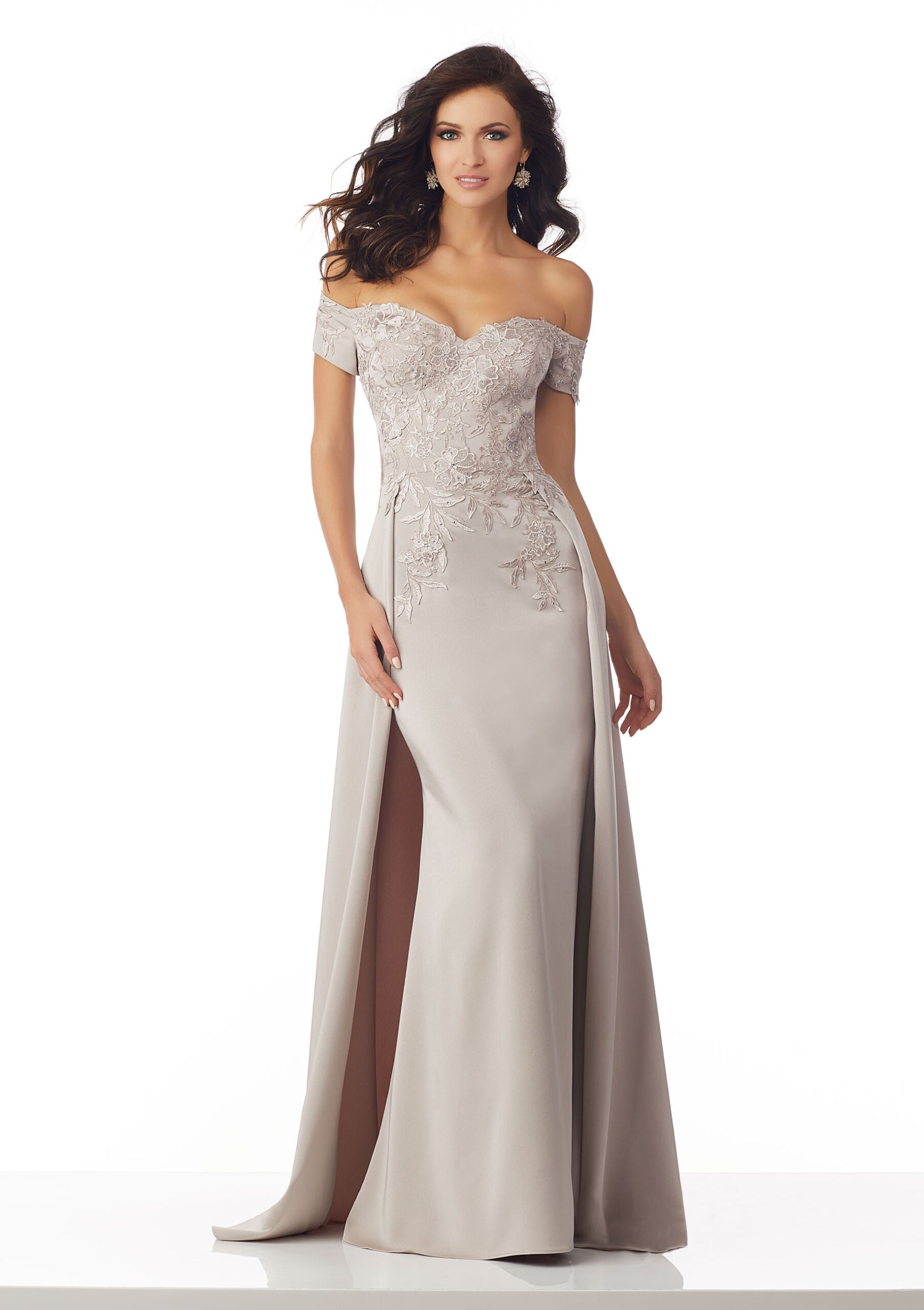Novias Bridal | Stretch Crepe Evening Gown With Beaded Lace Appliqus On Bodice Mother of the Bride Dress Novias Bridal | Stretch Crepe Evening Gown With Beaded Lace Appliqus On Bodice Mother of the Bride Dress