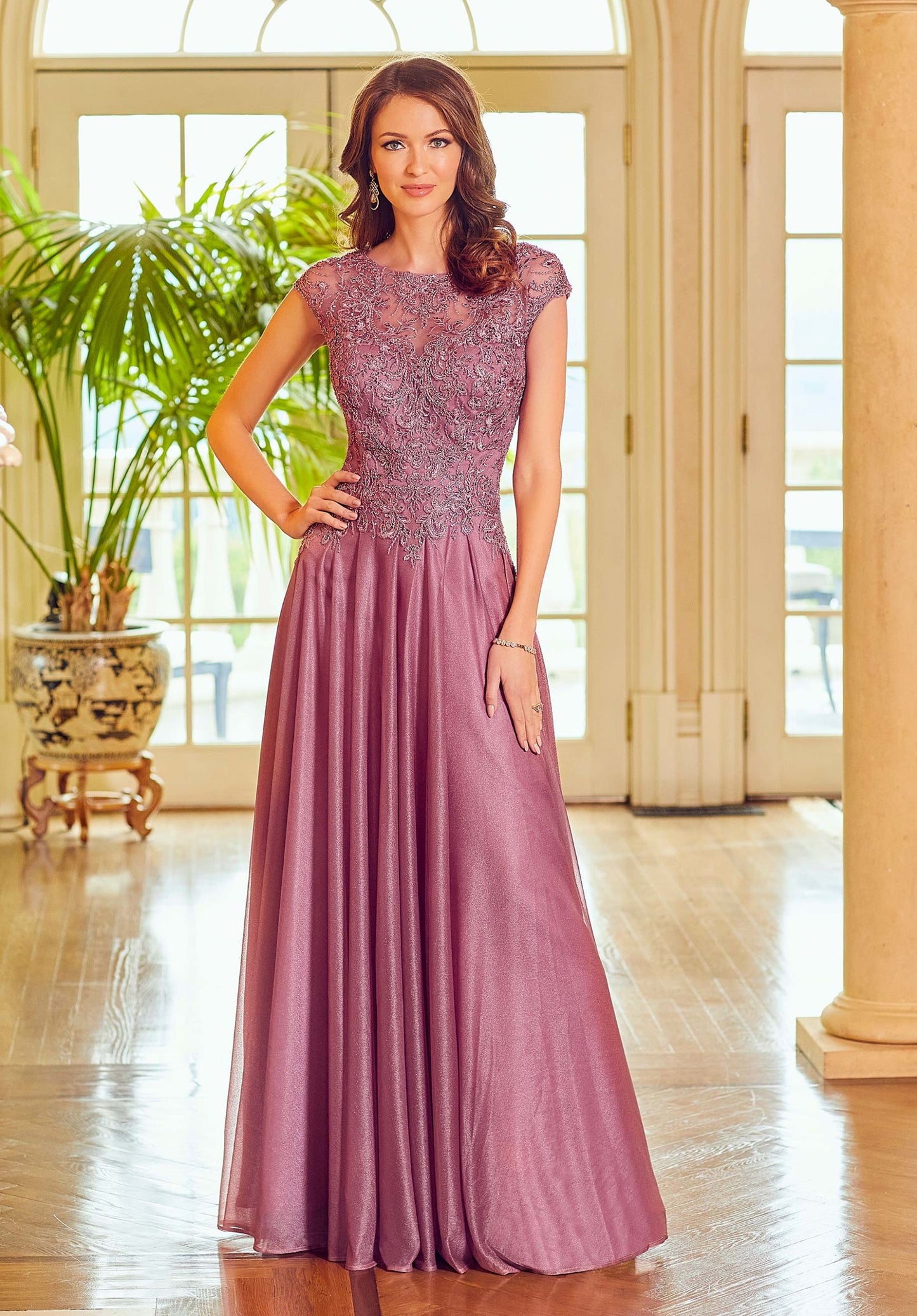 Beaded Metallic Crepe Evening Gown Morilee