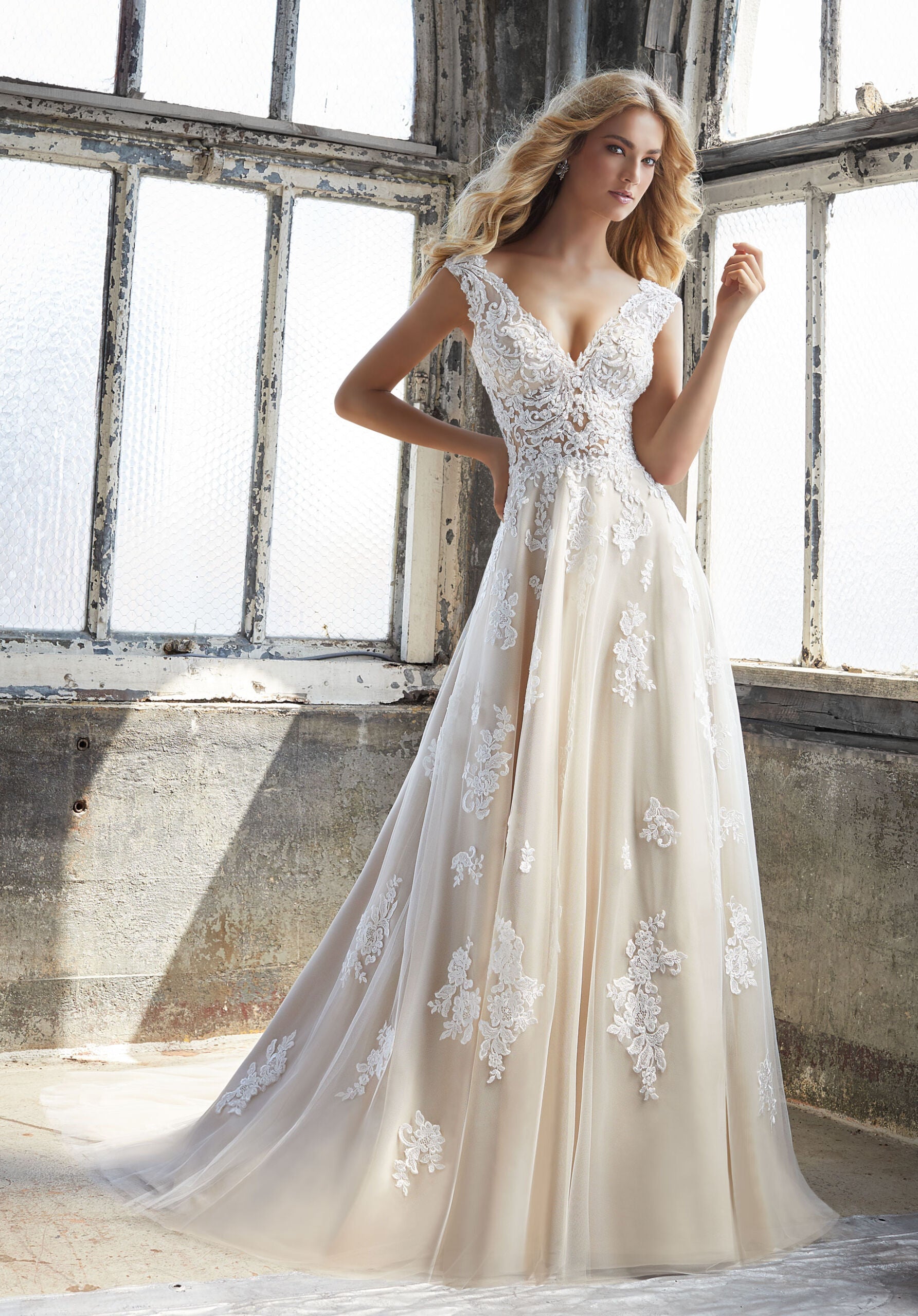 Short Sleeve V-neckline A-line Wedding Dress With Embroidered