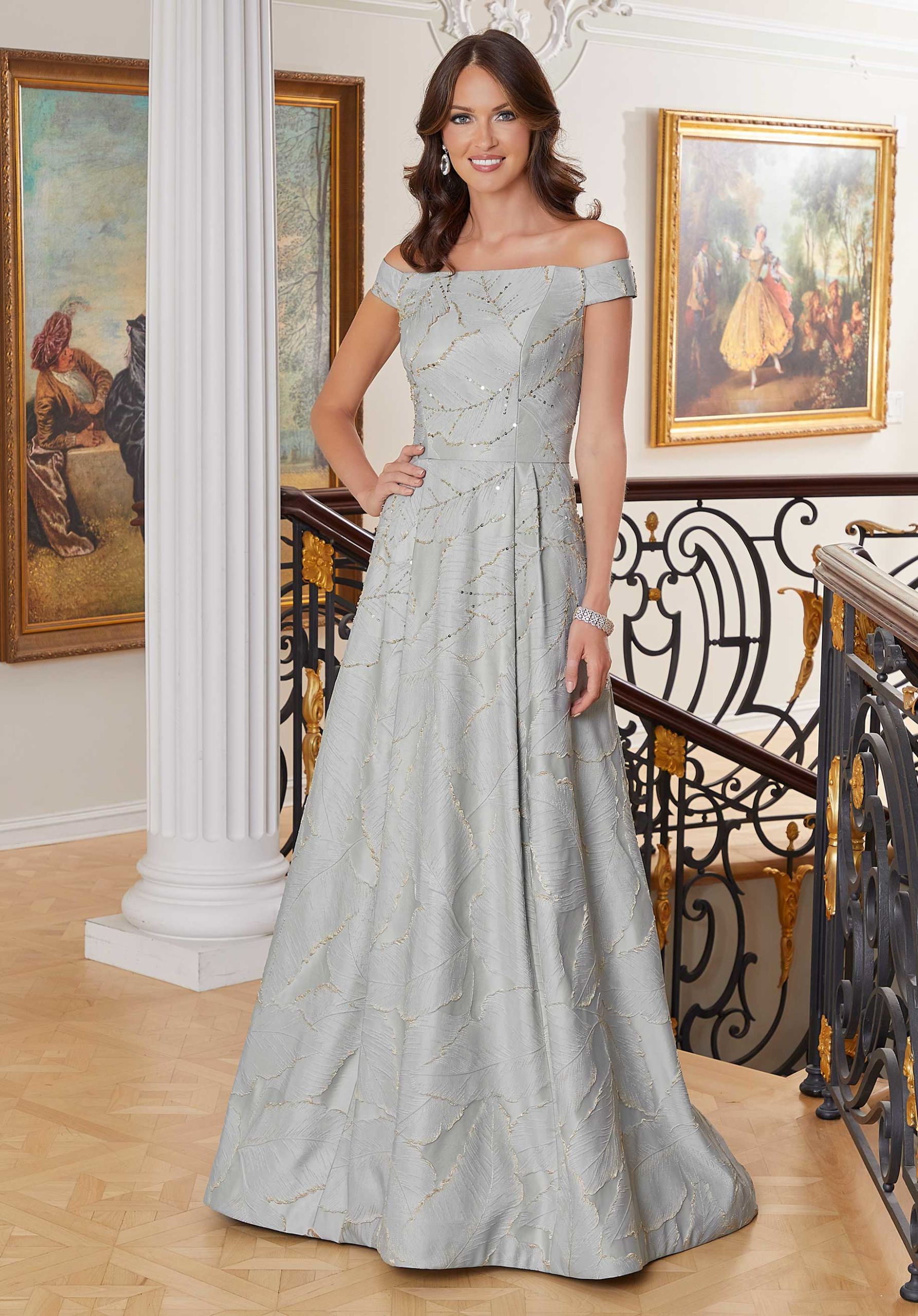 Novias Bridal | Feather Patterned Brocade Evening Gown Mother of the Bride Dress Novias Bridal | Feather Patterned Brocade Evening Gown Mother of the Bride Dress