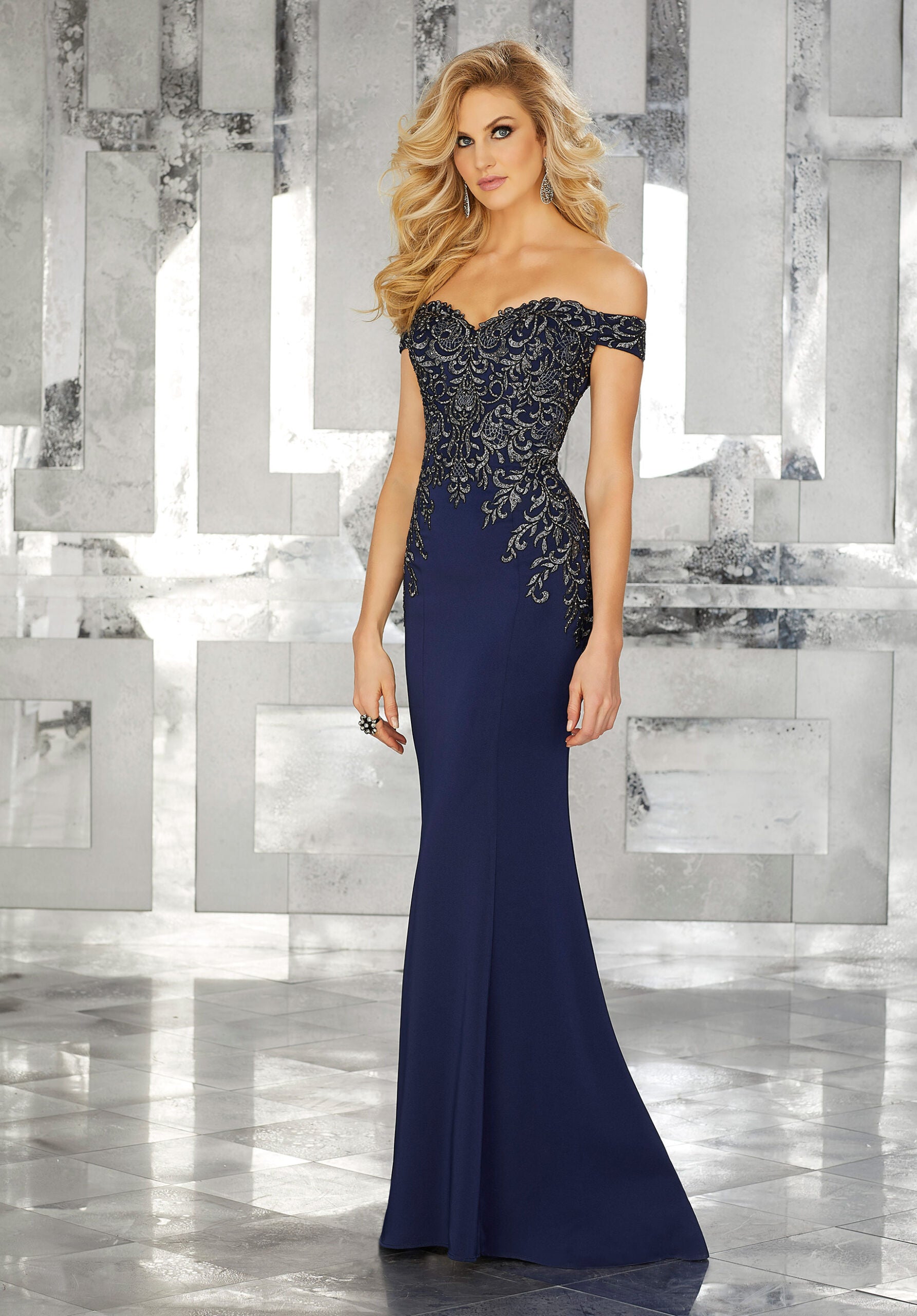 Form Fitting Special Occasion Gown With Beaded Embroidery On Crepe Morilee