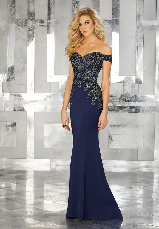 Form Fitting Special Occasion Gown With Beaded Embroidery On Crepe Morilee