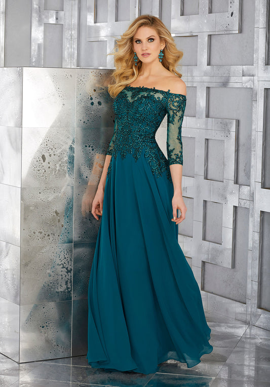 Chiffon Social Occasion Gown With Crystal Beaded And Embroidered Off-the-shoulder Bodice Morilee