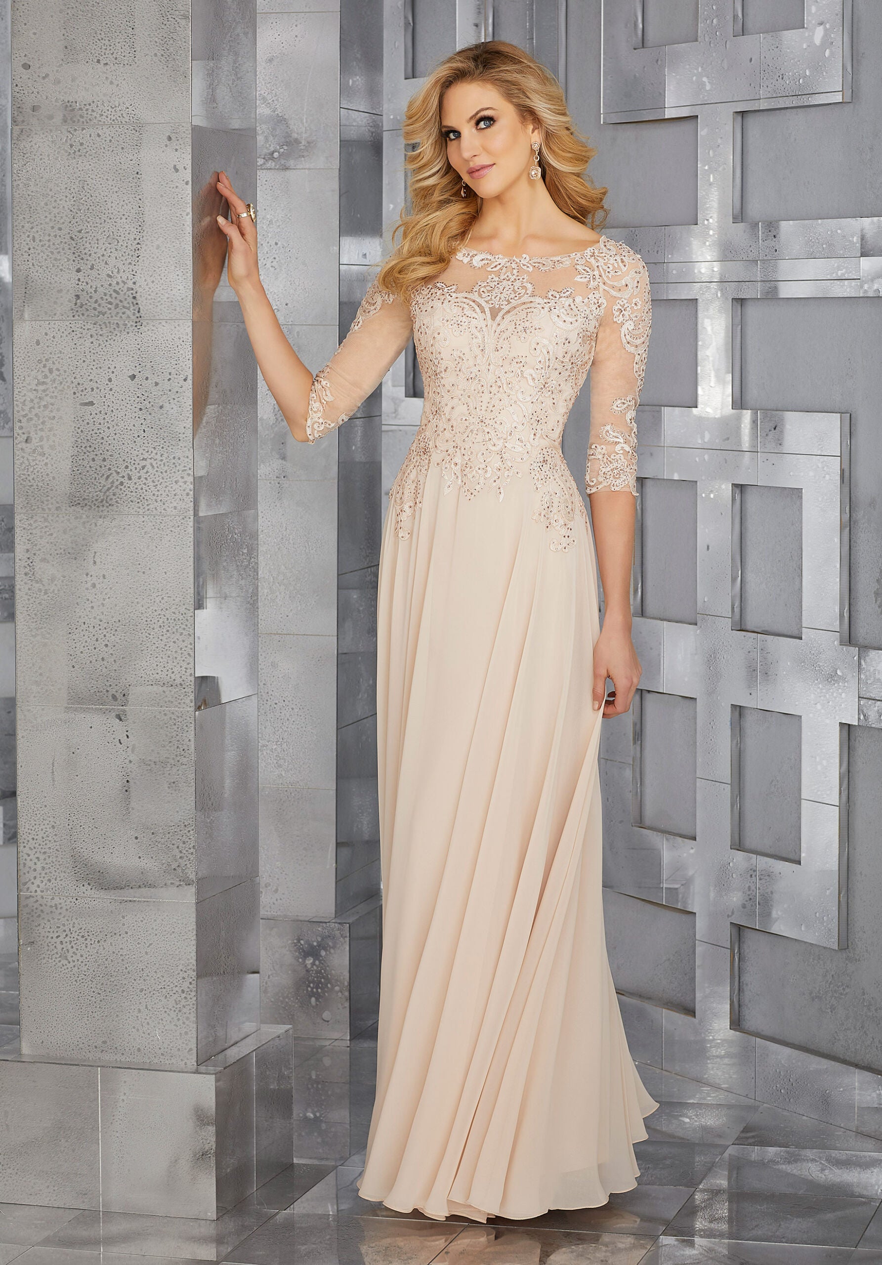 Chiffon Mother Of The Occasion Gown With Beaded Bodice And 3/4 Illusion Sleeves Morilee
