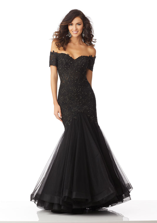 Net Evening Gown With Beaded Venice Lace Appliqués Morilee