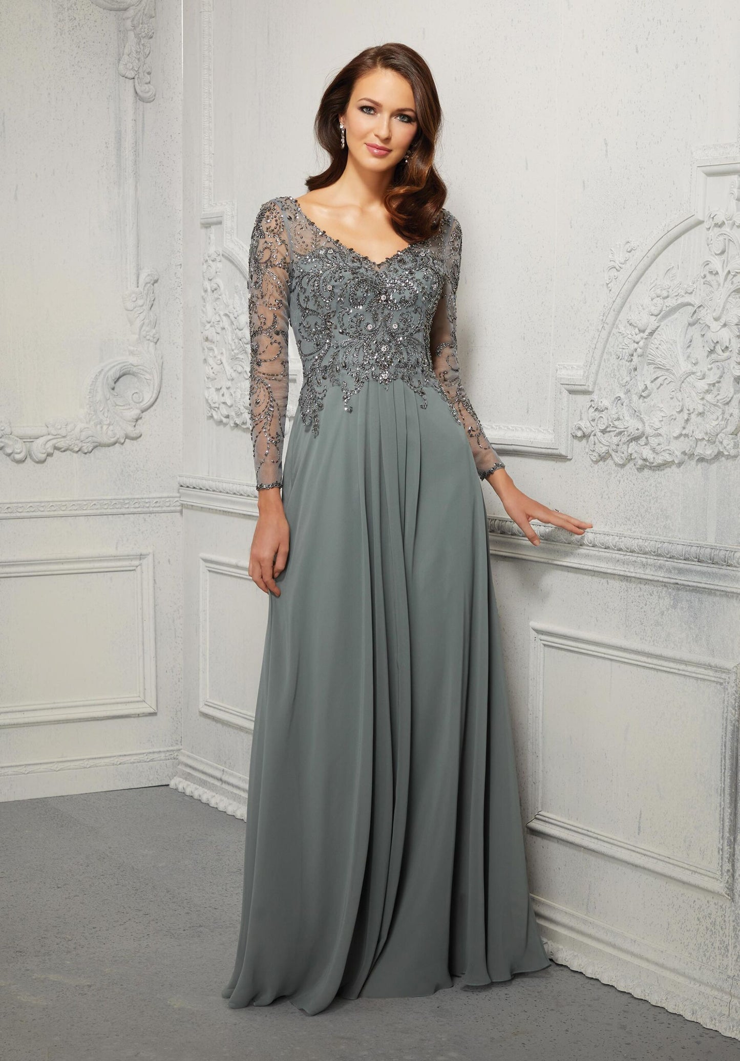 A-line Evening Gown With Crystal Beaded Net And Chiffon Morilee