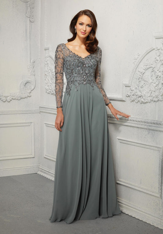 A-line Evening Gown With Crystal Beaded Net And Chiffon Morilee