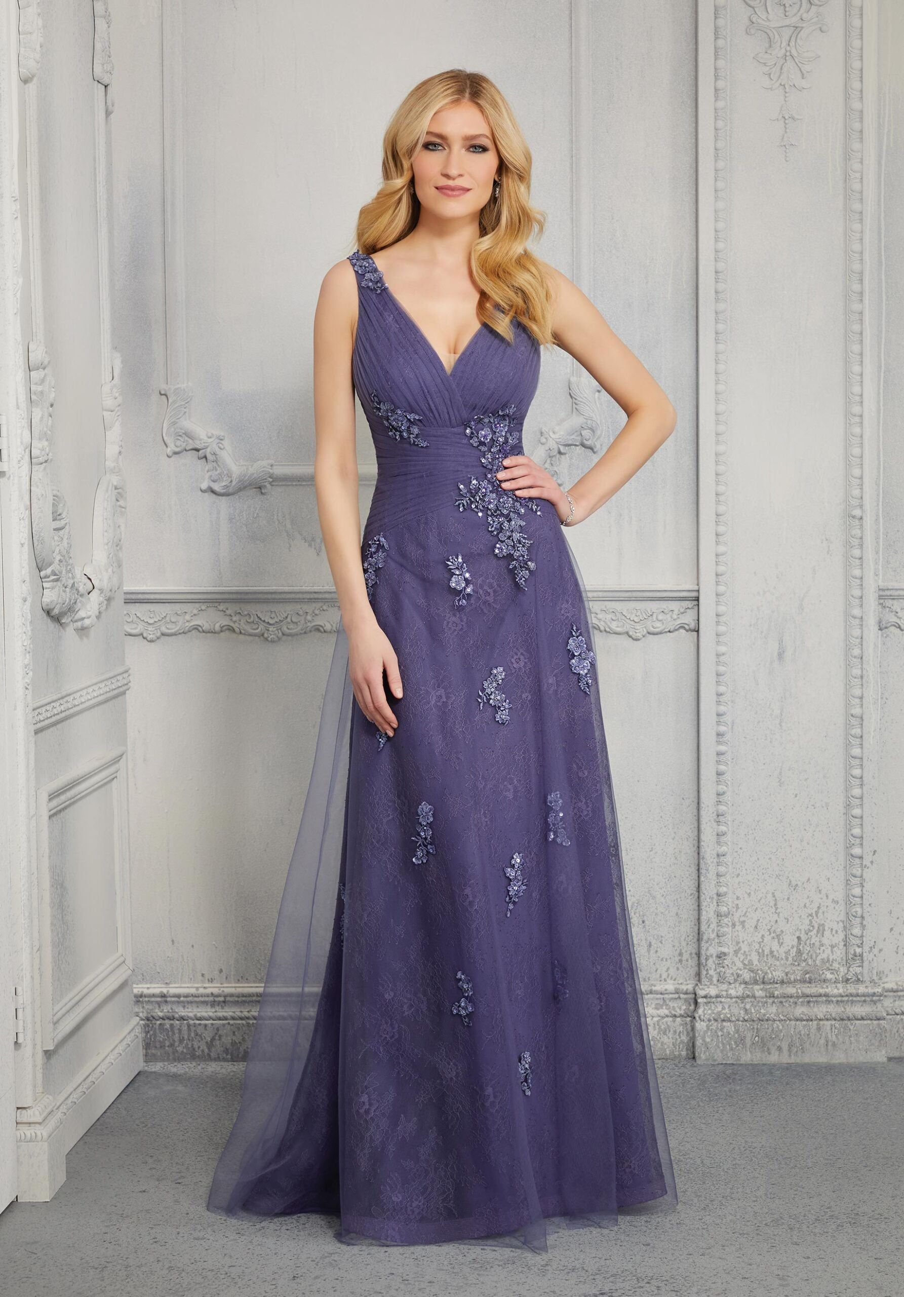 A-line Evening Gown With Beaded Lace On Chantilly Lace Morilee