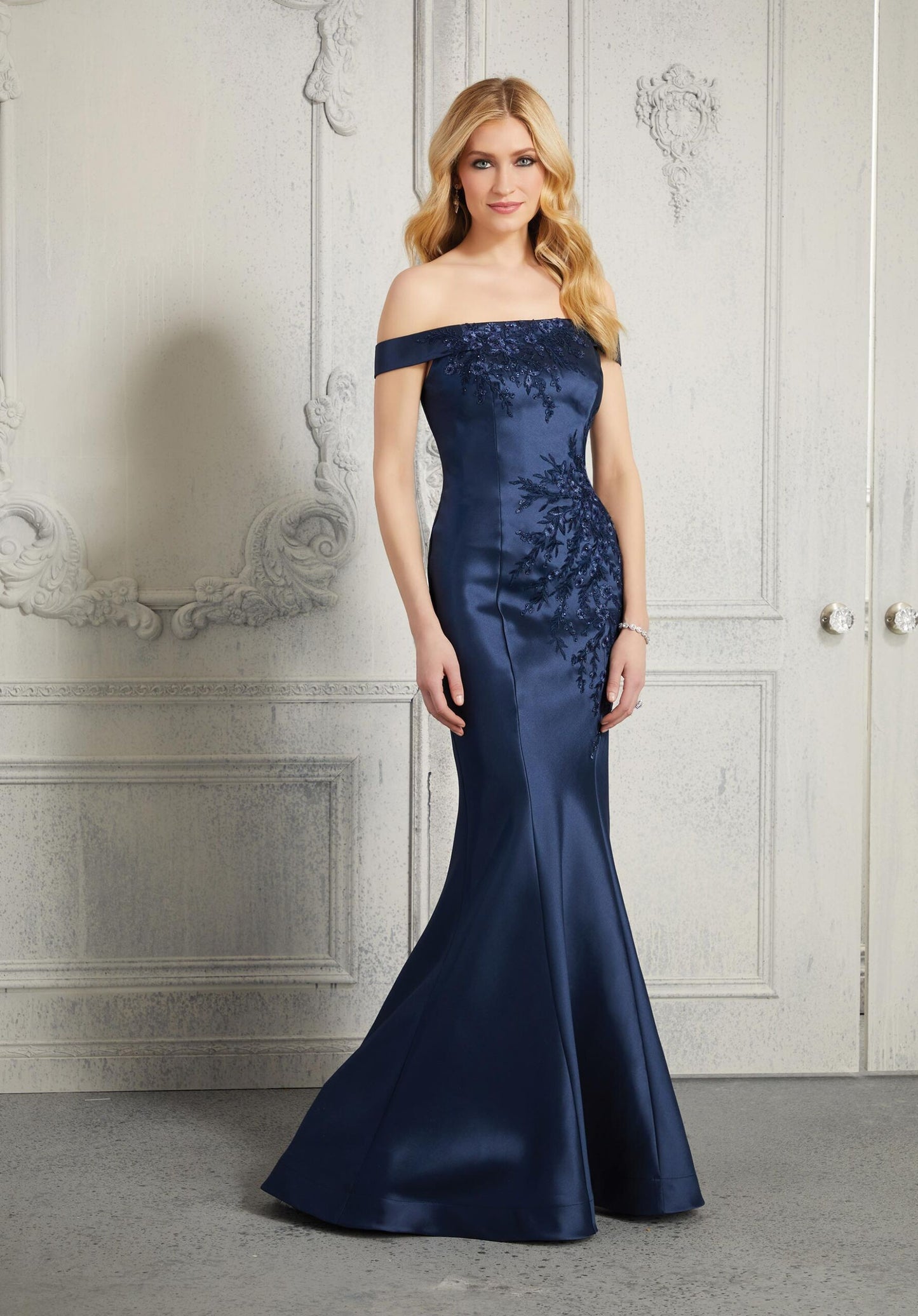 Fit And Flare Evening Gown With Metallic Embroidery On Larissa Satin Morilee
