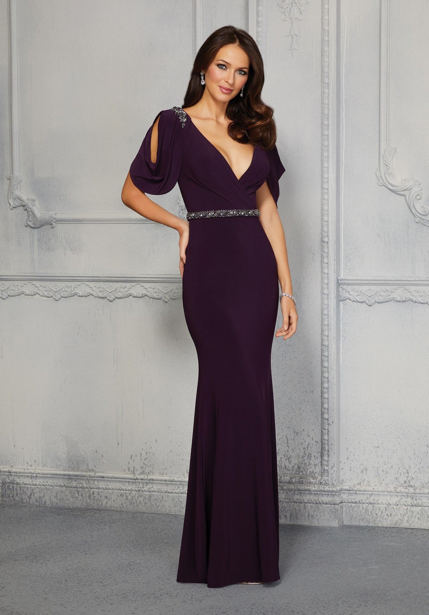 Sheath Evening Gown With Crystal Beaded Waistline And Shoulder Accents Morilee