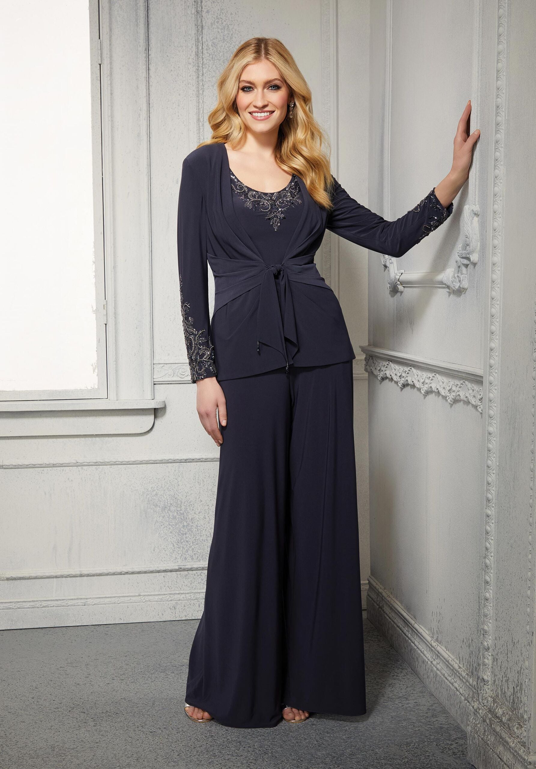 mother of the bride dresses pant suits 3 Pieces Lace Dress Pants Suits, Steel_Grey Lace Neckline 3 Pieces Chiffon Lace Mother