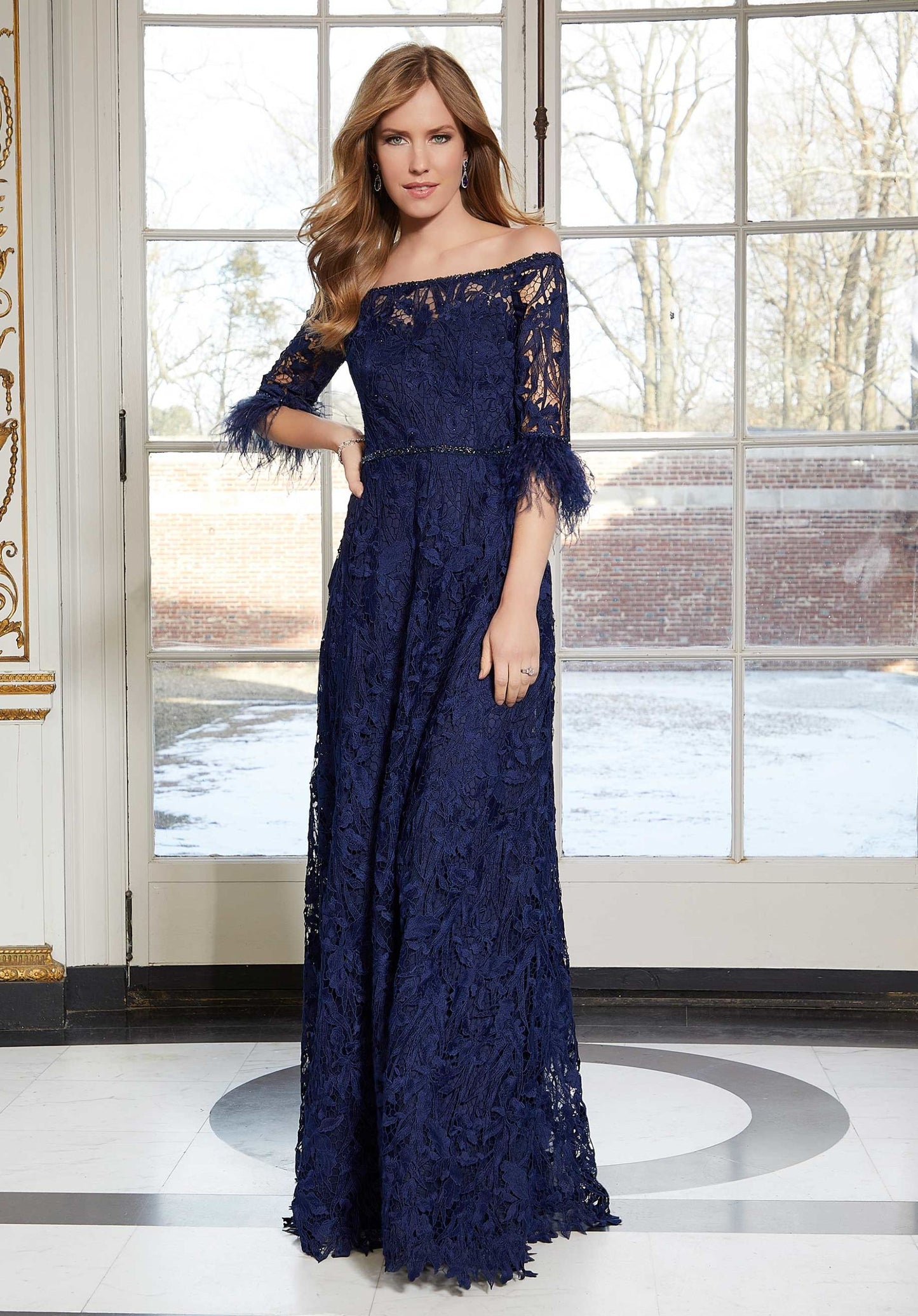 Venice Lace Evening Gown With Feathered Sleeves Morilee