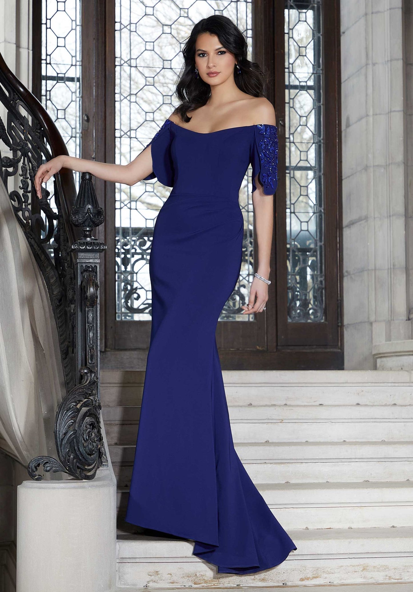 Scuba Jersey Evening Dress With Beaded Sleeves Morilee