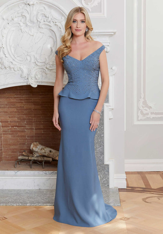Crepe Evening Gown With Gunmetal Beading Morilee