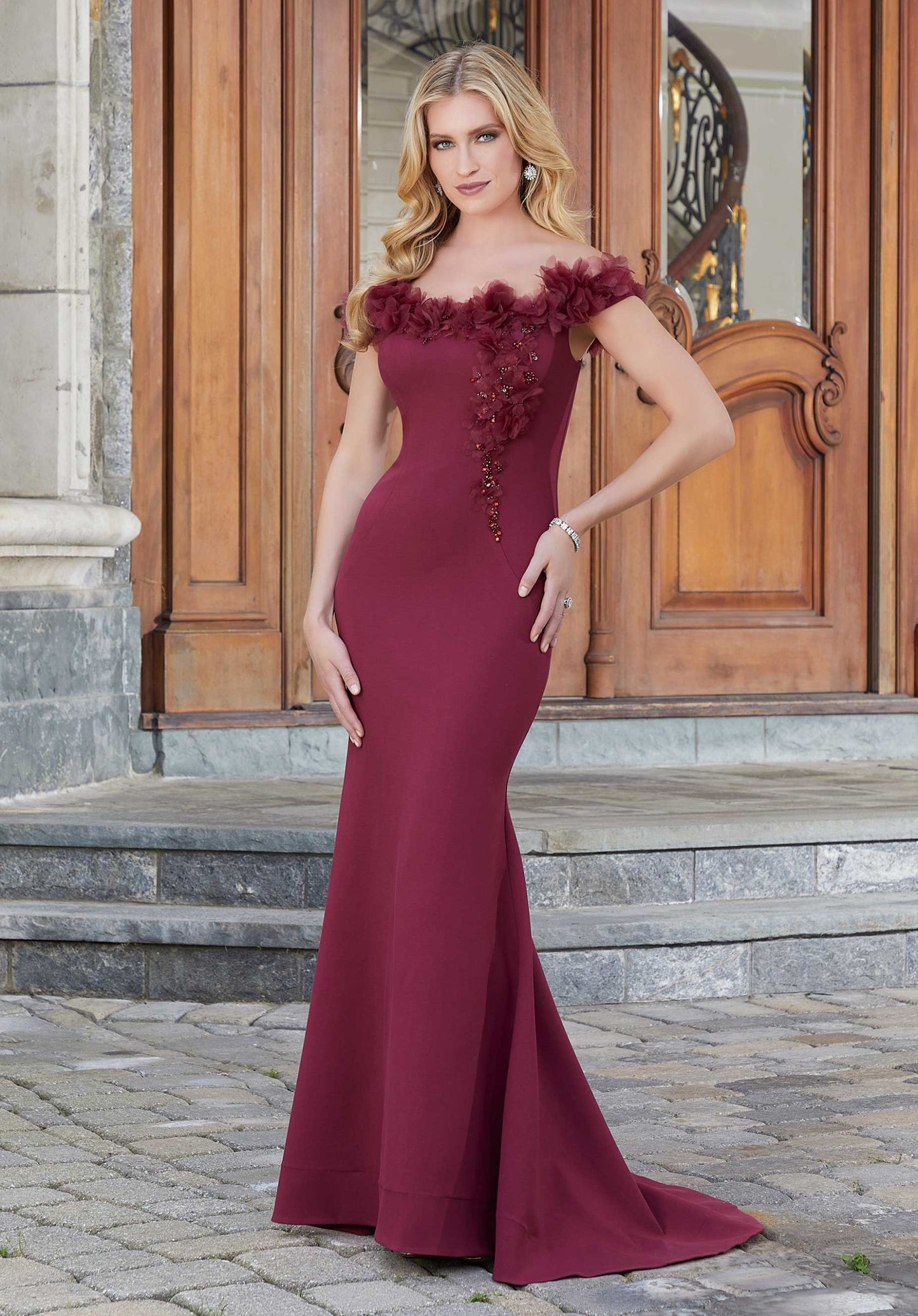 Fit And Flare Evening Gown With Organza Flowers Morilee